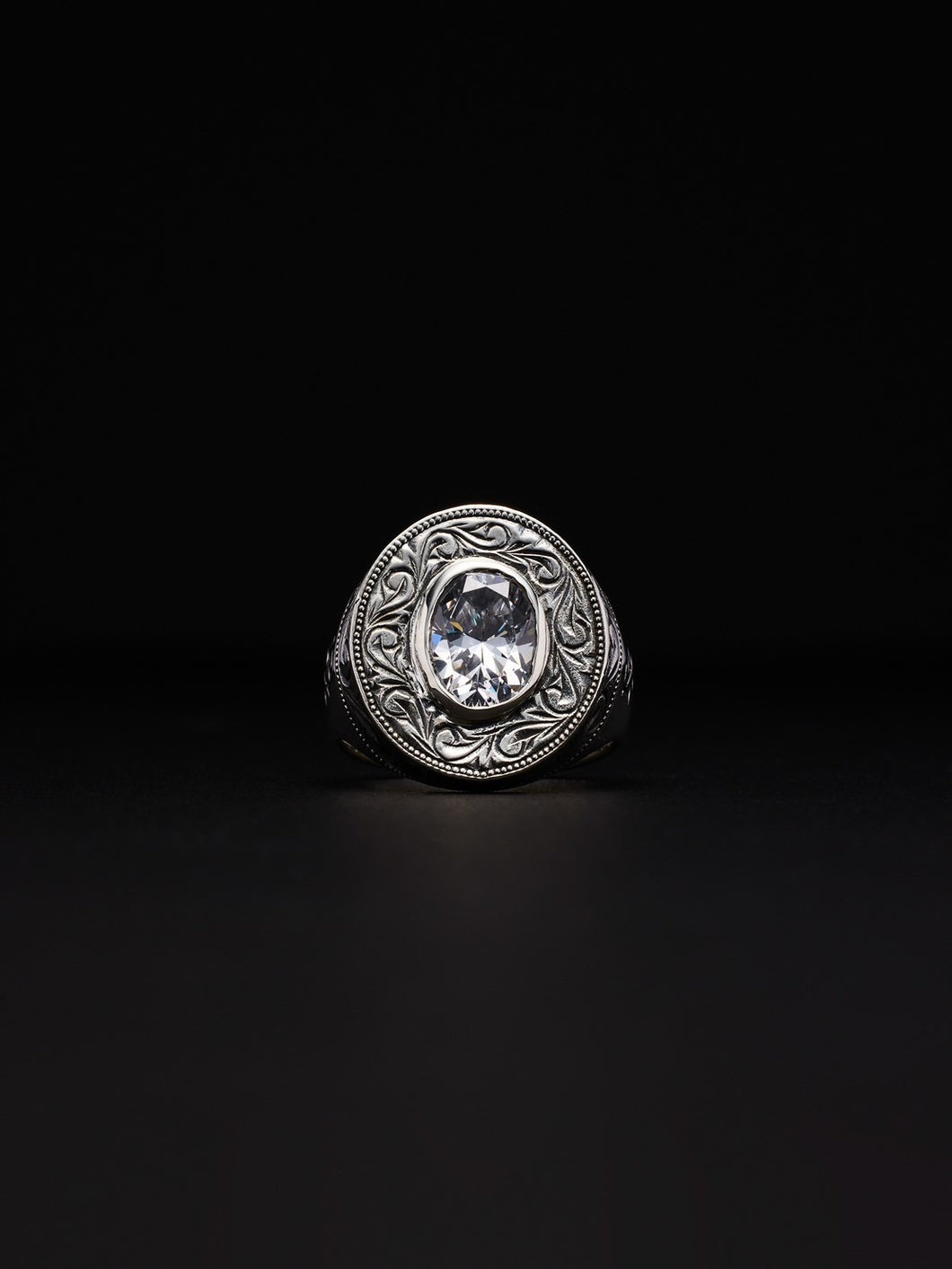 Engraved Oval Stone Ring(Silver)