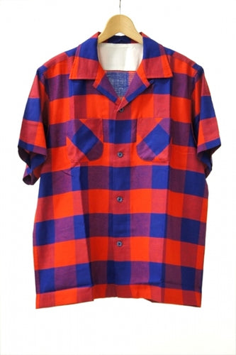 SS OPEN COLLAR SHIRT-NAVY x RED-